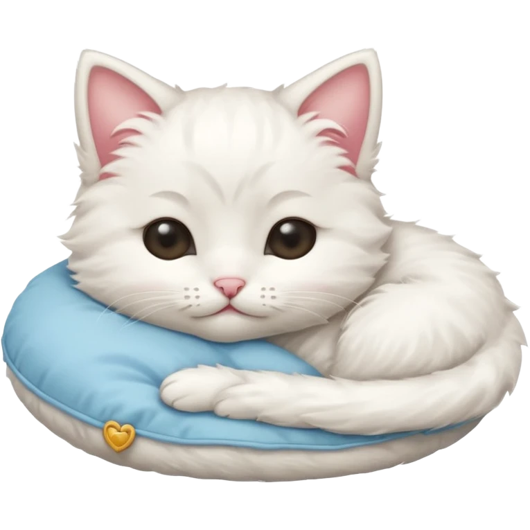 white fluffy kitten snuggling a pillow, cheeks rosy, eyes closed in > < shape emoji