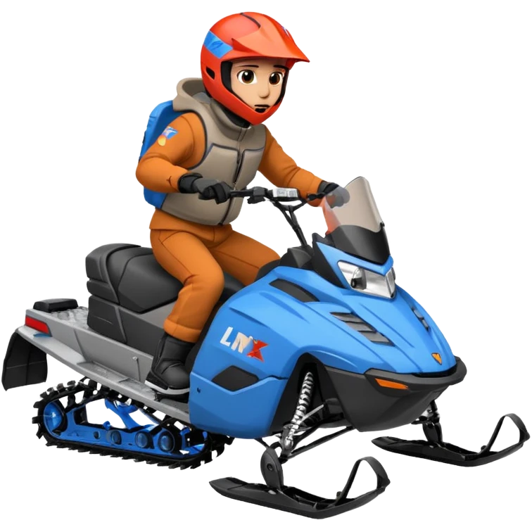 red Lynx brand snowmoble wheelies. driver with gray clothes and black/orange / blue helmet emoji