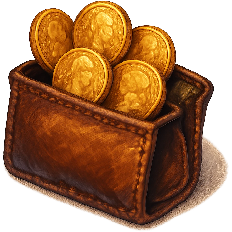 В cлегка рисованной, но при этом объемной и яркой стилистике сгенерируй картинку кожаного кошелька, из которого торчат натуральные фотореалистичные старые золотые монеты. Они должны выглядеть не как пластмассовые, а как настоящее золото. Прозрачный фон emoji