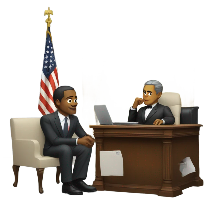 President sitting at a desk with another man in a suit talking to him  emoji