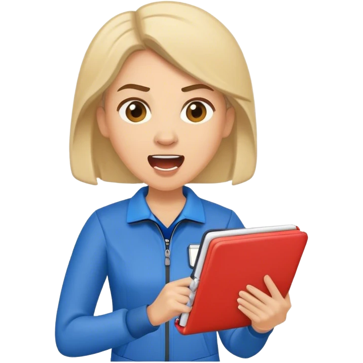yelling female sport coach with coach wear and holding a notebook emoji