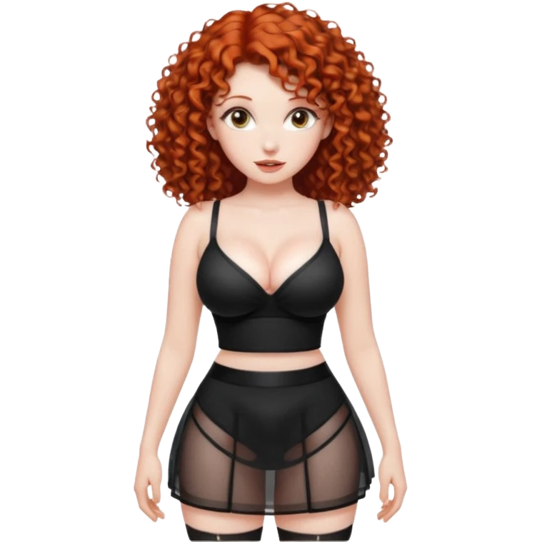 Naked red curly haired girl with very large big boobs and cleavage.  Thin waist and wide sexy hips.  Completely naked but wearing a see-thru black mesh very short mini-skirt emoji