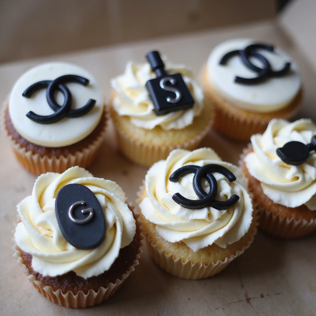 photorealistic Chanel-themed cupcake set, each with a different edible logo or accessory, no background emoji