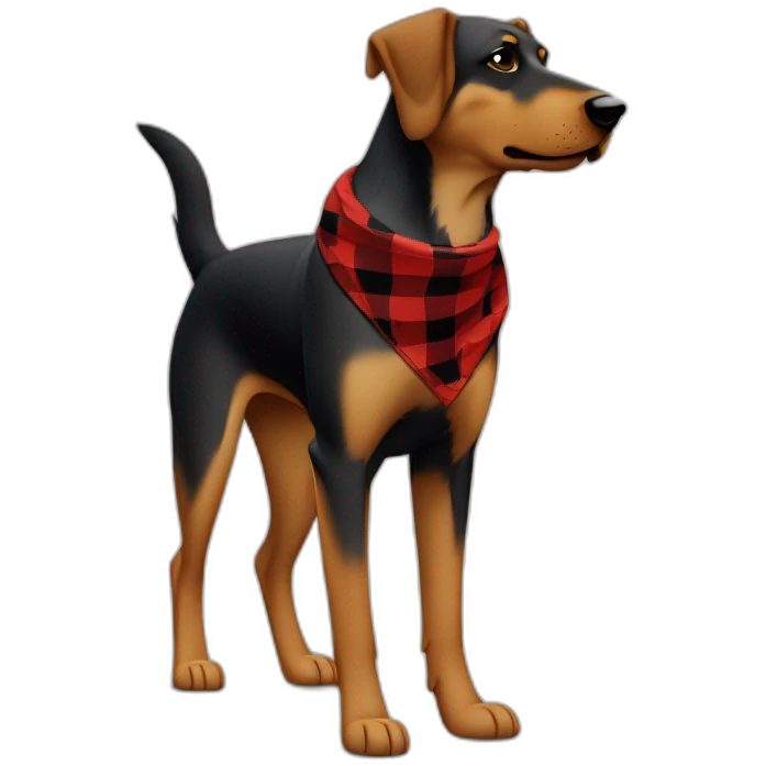 75% Coonhound 25% German Shepherd mix dog wearing small pointed red buffalo plaid bandana side view full body facing left emoji