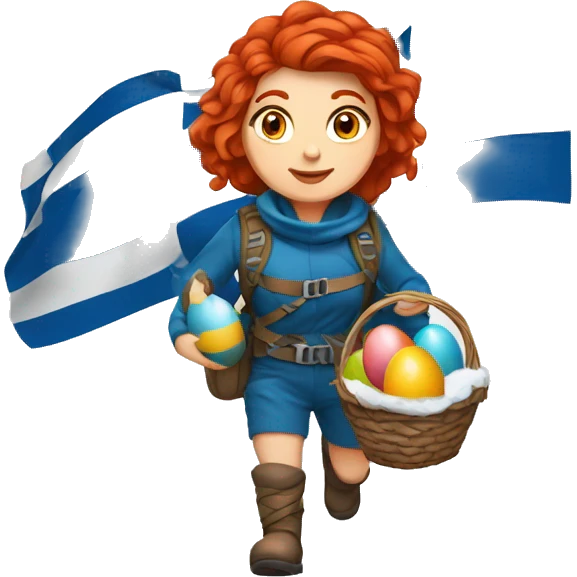 Greek Female winter mountaineer red hair white skin climbing with Greek Flag and Easter eggs basket emoji