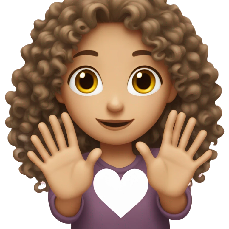 A girl with curly hair and white skin making a heart with her hands emoji