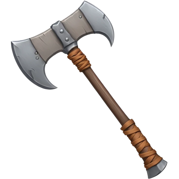 barbarian axe object icon, huge double-bladed axe, rough metal, wooden handle, leather wraps, fantasy style, 3D cartoon, mobile game icon style, centered, clean background, soft shadow, no text, no watermark
 emoji