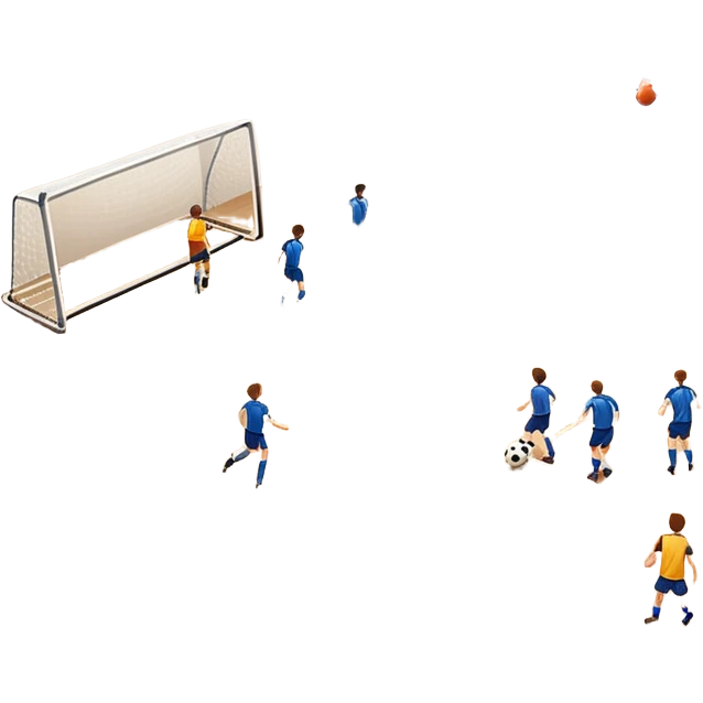 A mini-football match in an indoor sports hall with a wooden floor and clear court markings. The scene captures players in action, with the ball moving towards the goal, and the surrounding bleachers and overhead lights adding to the atmosphere of a competitive game. emoji