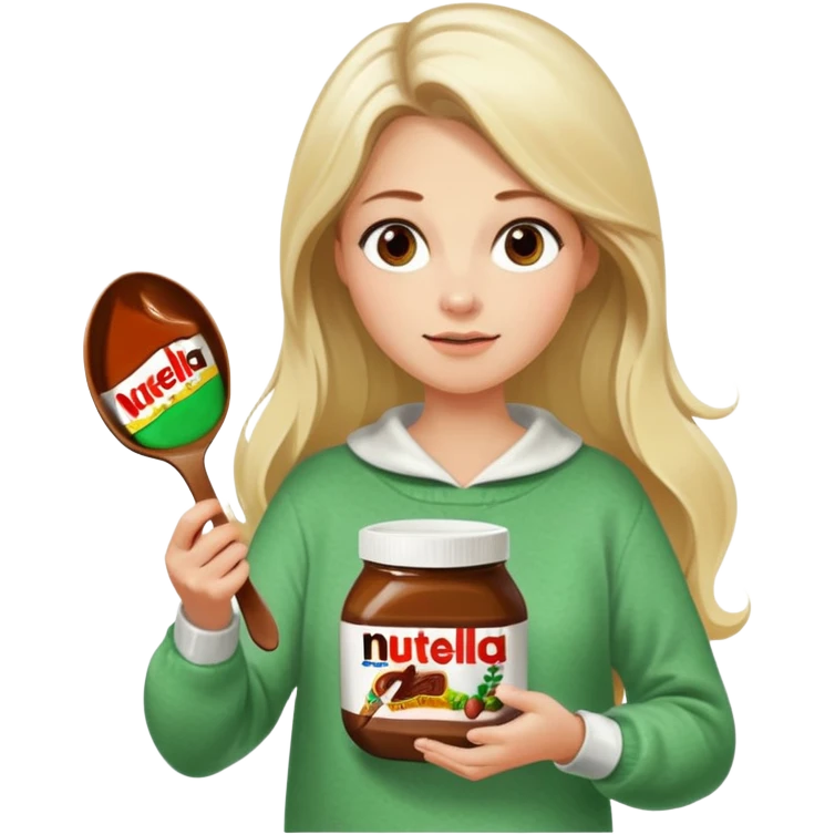 Blond woman with white and green pullover holds in one hand a big carriage of Nutella and in the other hand a oversized spoon which is in the carriage of Nutella. Her hair is long. And the Nutella jar is very big emoji