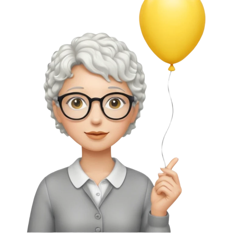 woman with short curly white hair and wearing glasses, holding yellow balloon emoji