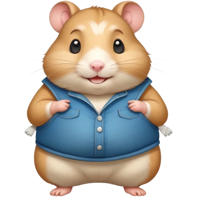Cute chubby cartoon-style hamster wearing XXL pants that are WAY too big, proud and smiling expression. Painterly shading, white background, sticker-style illustration emoji