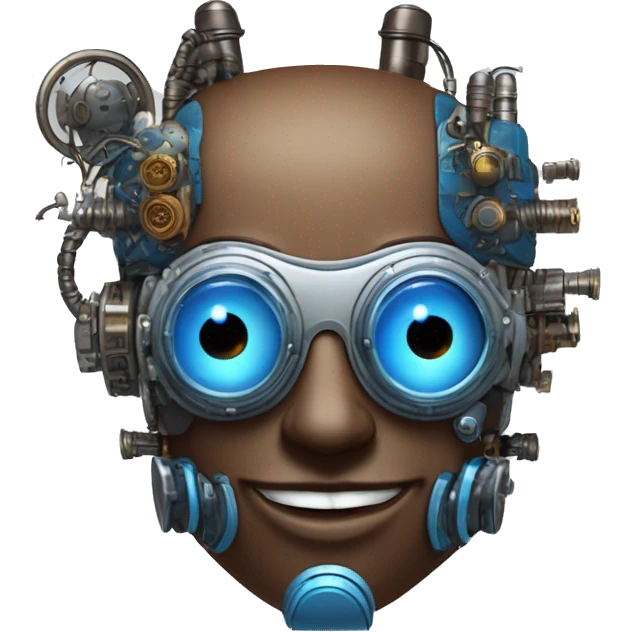 Brown cyborg head with blue Mohawk, blue beard, silver steampunk monocle goggles a smile and circuits emoji