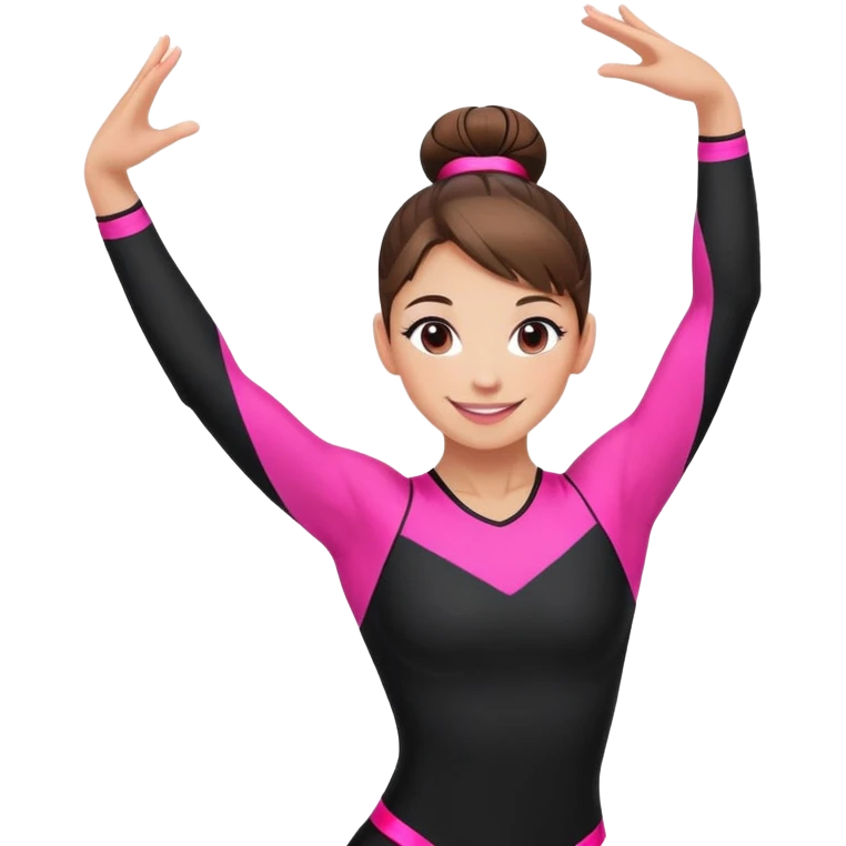 Happy female gymnast with brown hair in a neat bun, wearing a black uniform with neon pink elements. emoji