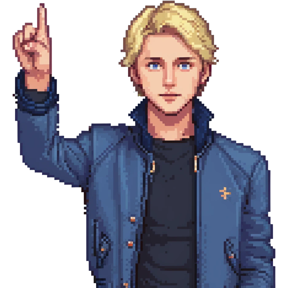 Flat pixel art, confident male leader, Caucasian, short neat blonde hair, sharp eyes, indigo jacket, one arm raised gicing direction, waist-up, front-facing emoji
