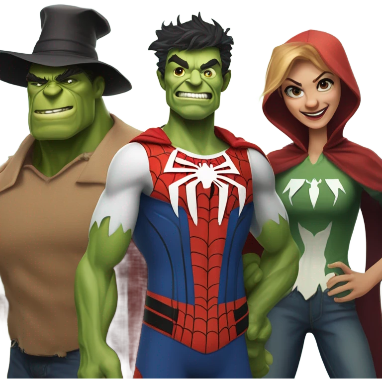 Spider-Man, the Hulk scarecrow and the wicked witch together as a family emoji
