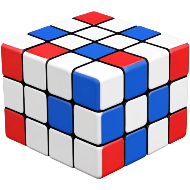 A scrambled 3x3 Rubik's Cube with only red, white, and blue colors, minimalist iOS emoji style, viewed from an angle emoji