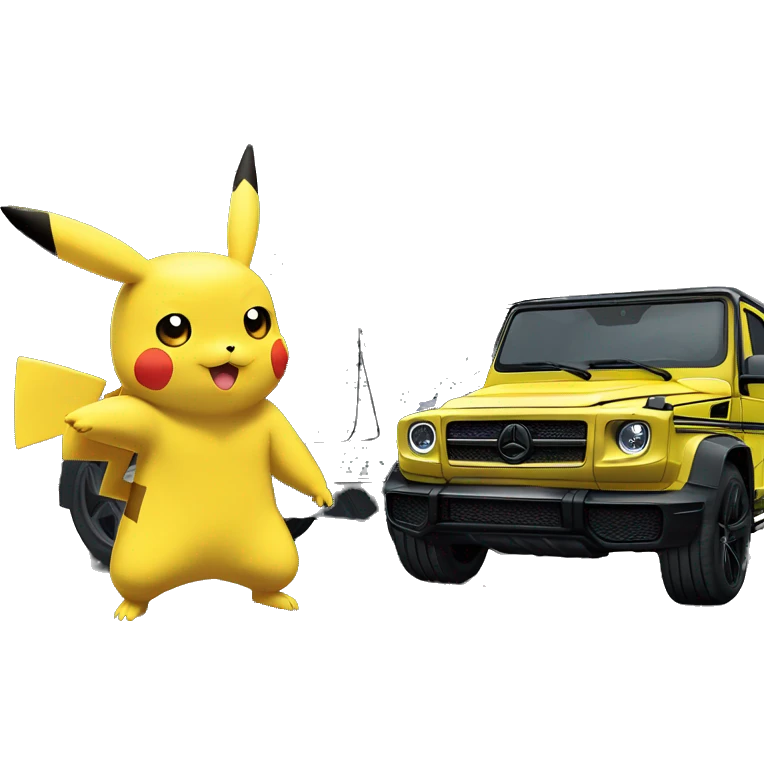 Pikachu wearing black adidas track suit next to a G wagon emoji