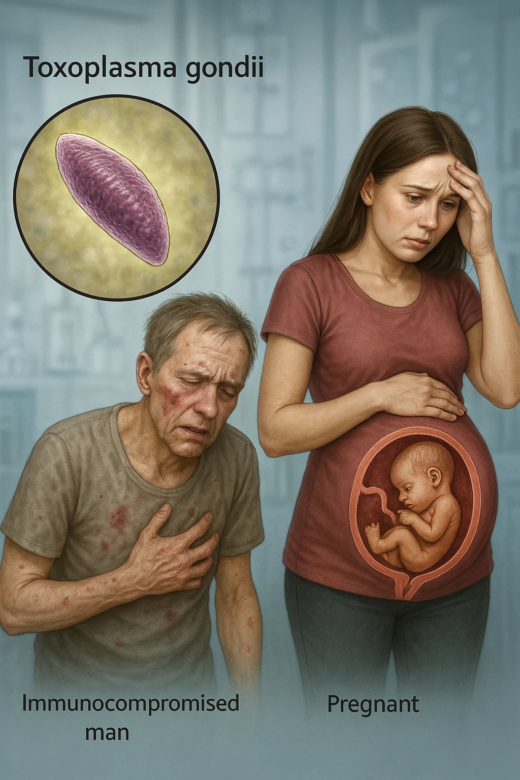 Toxoplasma gondii, infetta uomo immunodepresso e donne incinta. Causando gravi problemi tutto scritto in italiano immagine realistica emoji