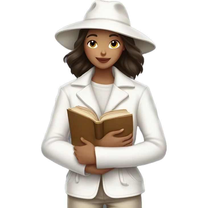 brunette girl in a white jacket in a white hat hugs a book emoji