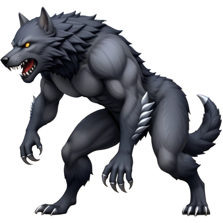 cinematic-noble-fierce-werewolf-full body on all fours-emoji, poised-and-imposing, with a tall, lean, and muscular wolfish frame inspired by the brutal, imposing shape of the beast from Berserk, fur rippling in shades of midnight black and silver, massive paws with razor-sharp claws, elongated limbs and fangs, eyes glowing with an intense, primal ferocity, reflecting the untamed power of the wild moonlit night; rendered with realism emoji