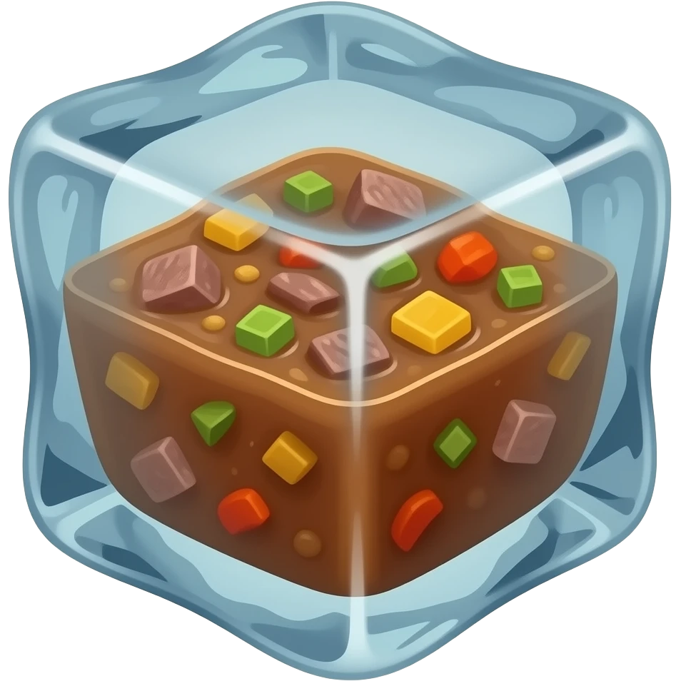 A Stew but frozen in a cube. Blend the Cube with the Stew. Add some veggies and beef. The ice cube should be the soup and there should be no ceramic. Get the outwards of the icecube to match the color of the inner stew content. Brown toned emoji