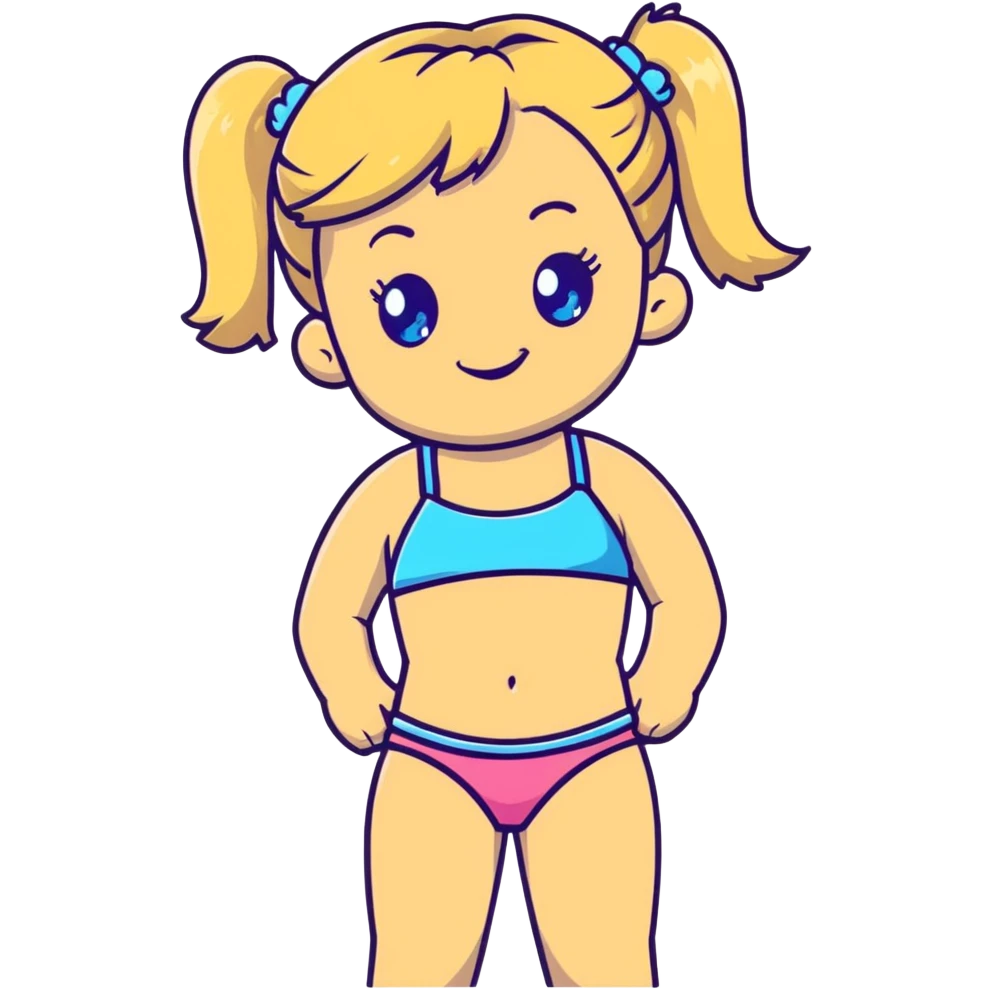 Cartoon blonde girl with pigtails, blue eyes, wearing a bikini, at the beach emoji