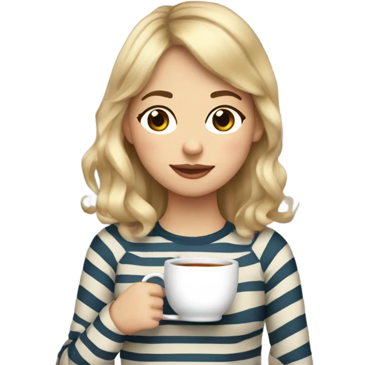 Blond girl with bangs and wavy hair, in her 20s striped shirt sipping tea emoji