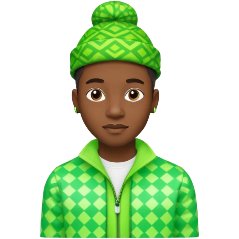 Create me an detailed emoji of a cool Young Nigerian prince wearing a neon green gradient African patterns with  a hat (a Nigerian-inspired patterned hat) and wearing apple airpods emoji