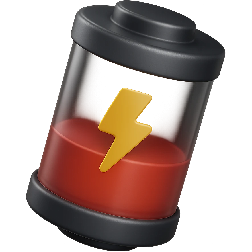 Realistic 3D cylindrical battery with half red level, inspired by the reference image, side view, yellow lightning symbol, transparent details, isolated on white background. emoji