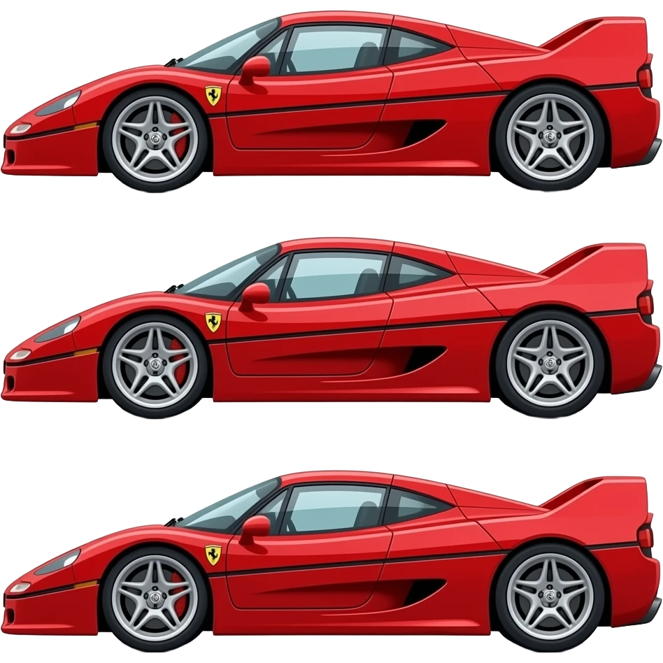 ferrari f50, perfect proportions of wheels and tires, front end and rear end and middle of car compressed like a cartoon drawing, exaggerated emoji