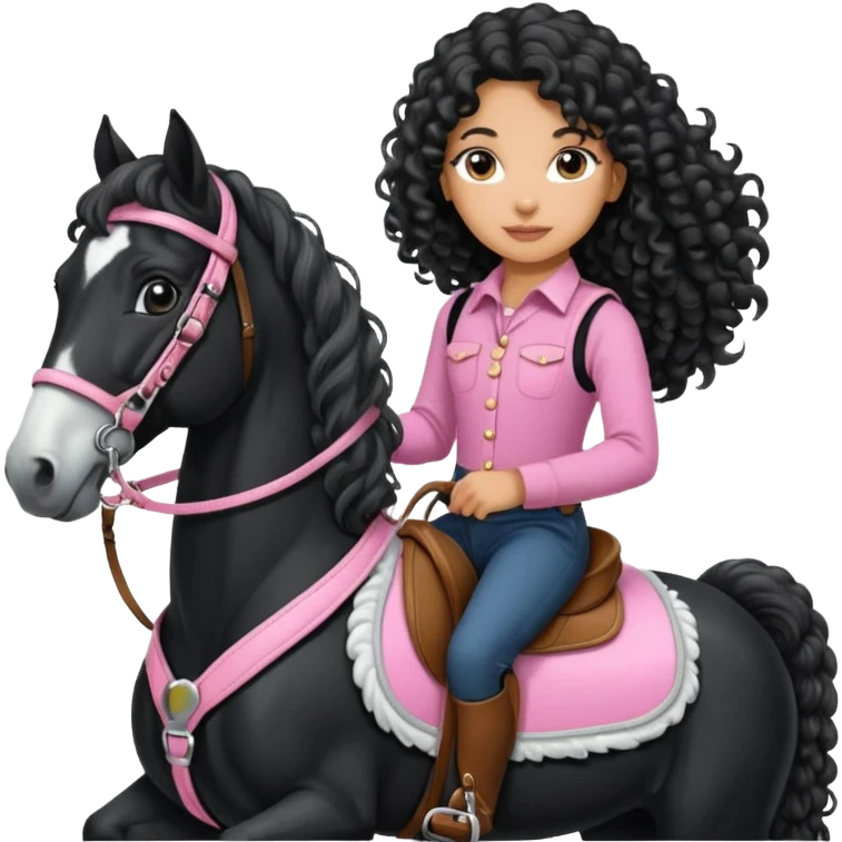 Realistic mixed race girl with long curly hair, riding a big black and white draft horse, wearing pink harness and saddle  emoji