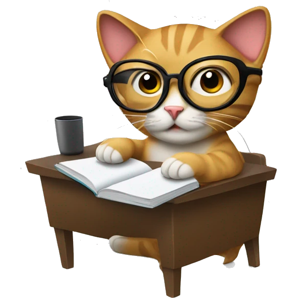 Create an emoji of a cat with computer glasses, taking notes in front of a computer while sitting on a chair emoji