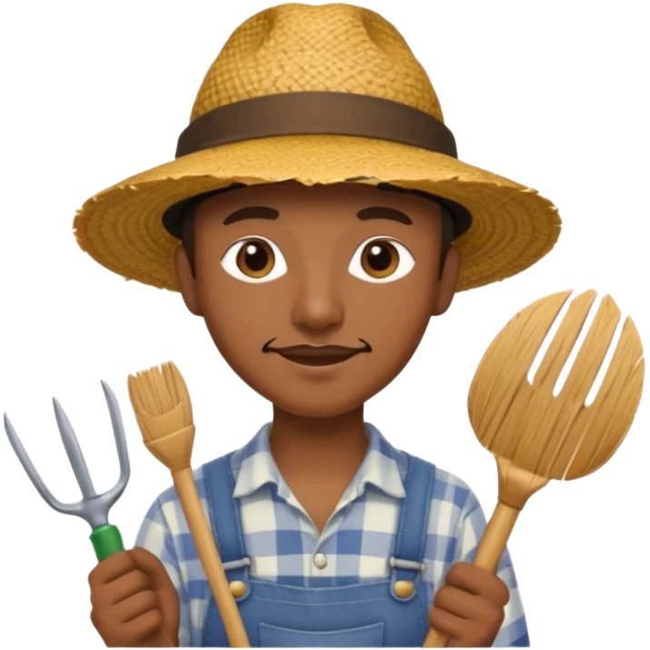 black gardener holding gardening tools, with hat emoji