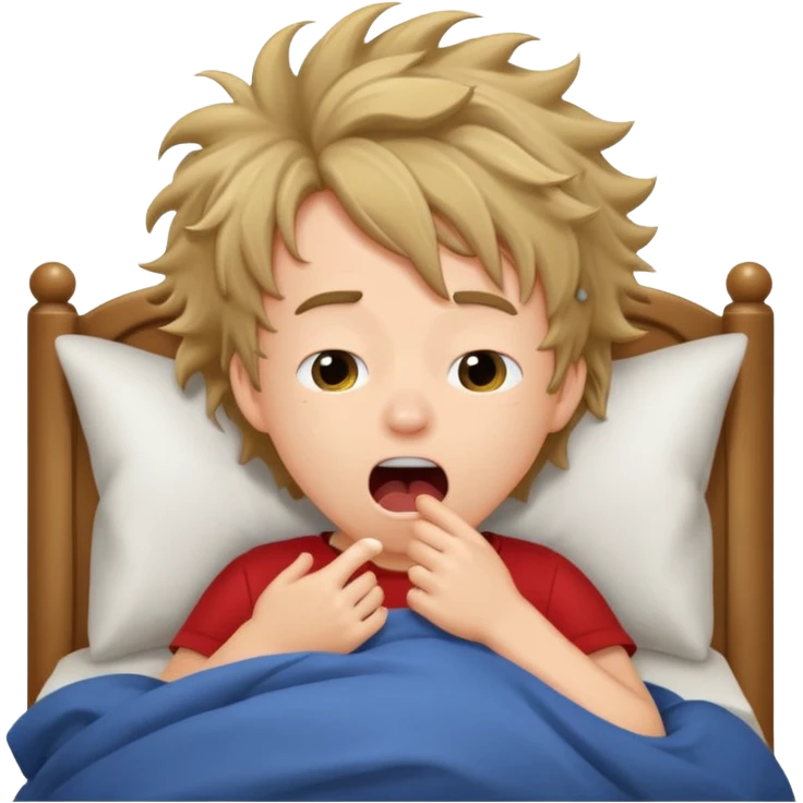 emoji- of a cute boy waking up in bed. He is yawning or rubbing his eyes.  emoji