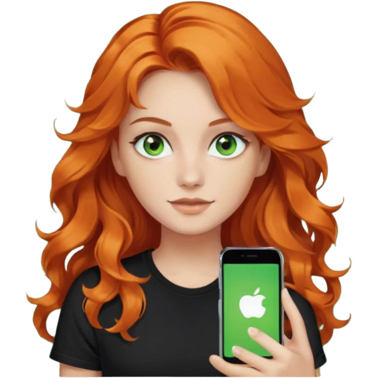 Girl with dark long orange wavy hair, green eyes, and black t-shirt and iphone with tiktok app on hand emoji