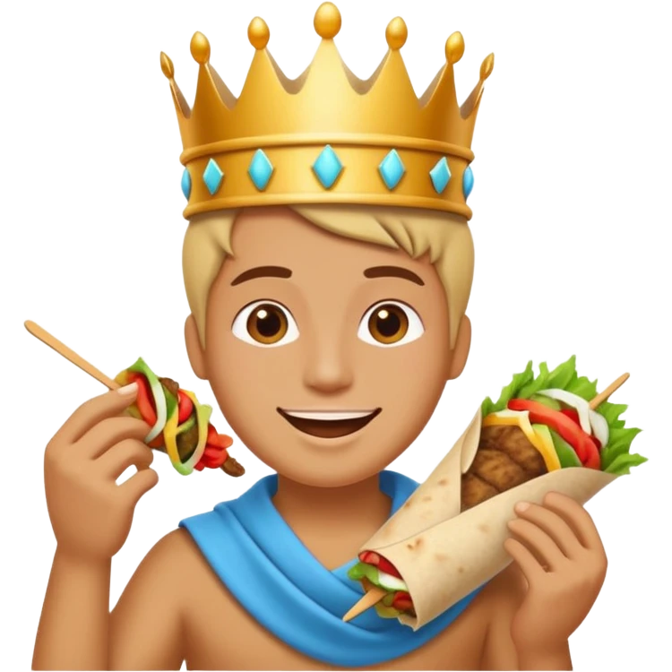 cheerful relaxed half-body person with crown eating delicious kebab wrap, simple bright playful emoji style emoji