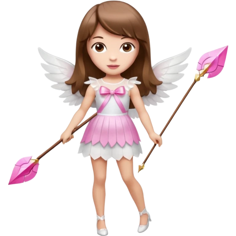 Hada de piel clara cupido pequeña  de cabello largo lacio castaño con flequillo y ojos cafés  vestida con algo sensual semitransparente corto color blanco o rojo con 1 arco y una sola flecha que combinen y labios rositas tipo Barbie pero en hada cupido de cuerpo completo de pies a cabeza   emoji
