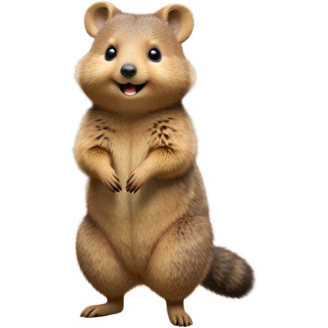 cinematic-quokka-realistic-full-body-standing on its hind legs hunched over-emoji,-small-round-frame-balanced-on-tiny-strong-hind-legs,giant fluffy cheeks large smile-fluffy-brown-fur-radiating-a-warm-softness,-big-round-eyes-filled-with-joy-and-innocence,-tiny-clawed-paws-held-close-to-chest,-cheerful-smile-exuding-endearing-happiness,-simplified-yet-realistic-focused-features,-highly-detailed,-glowing-with-a-sunny-warmth emoji