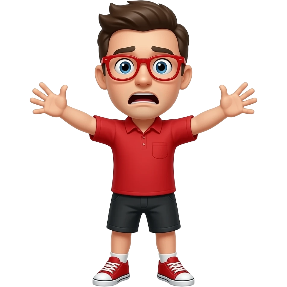 Red shirt red glasses scared face arms out red shoes black shorts emoji