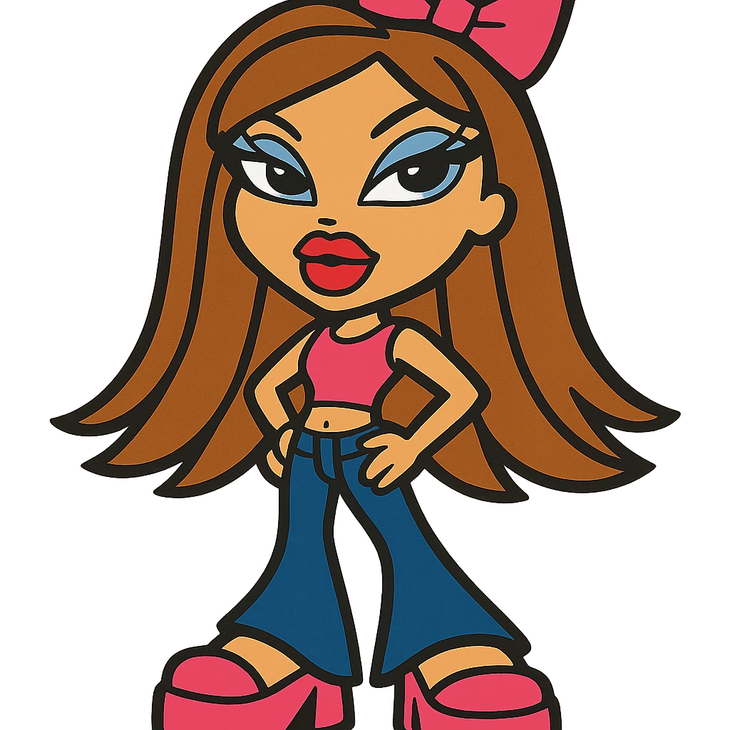 Bratz doll character with brown hair and a pink bow on her hair emoji