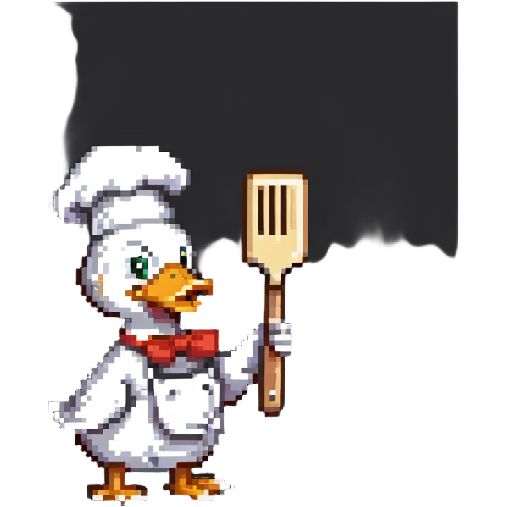 an interesting duck holding a spatula and wearing a chef's hat, thinking about what to eat today emoji