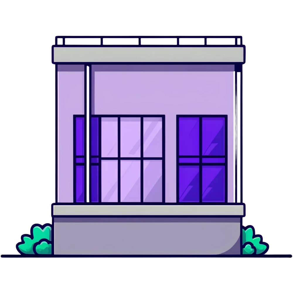 Minimalist gray concrete panel building, slight ghetto vibe, one window with bright purple ultraviolet light for growing plants, simple rectangular shape, stark and bare emoji