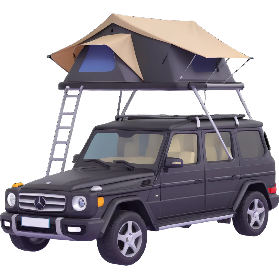 black Mercedes-Benz car with roof tent emoji