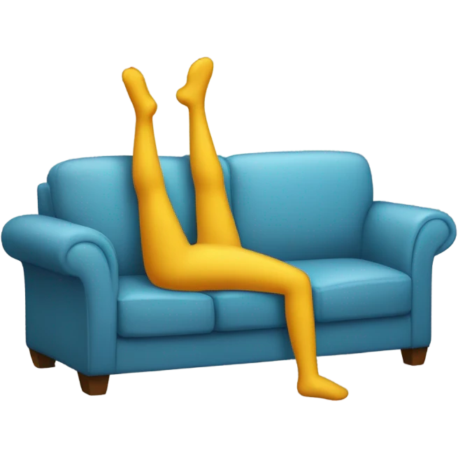 A person lying on a sofa, one leg crossed over the other, with hands behind the head, relaxing in a cozy setting, emoji skin emoji