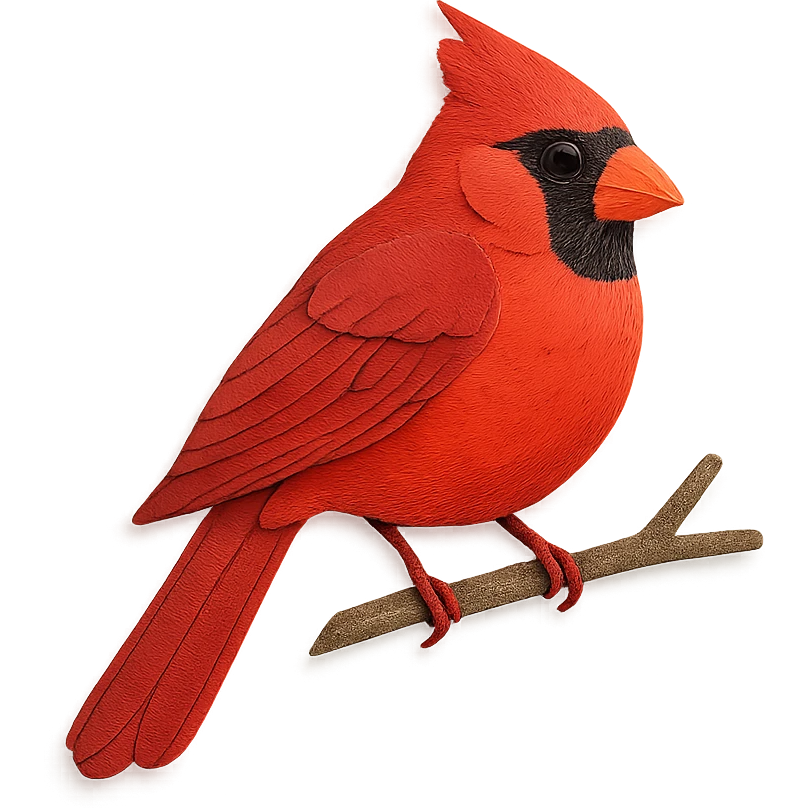 cardinal on a branch, layered paper details, realistic feather patterns, bright red and black markings emoji