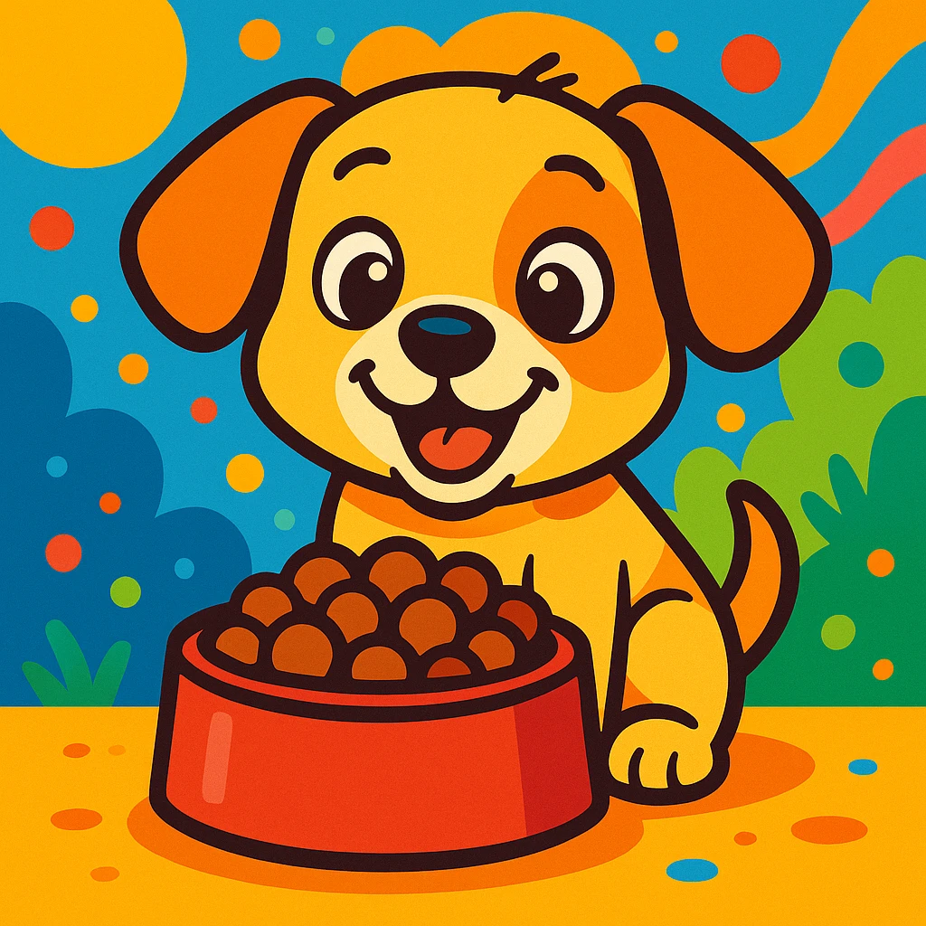 adorable puppy enjoying a bowl of food, vibrant toon style, cartoon style, cute and cheerful emoji