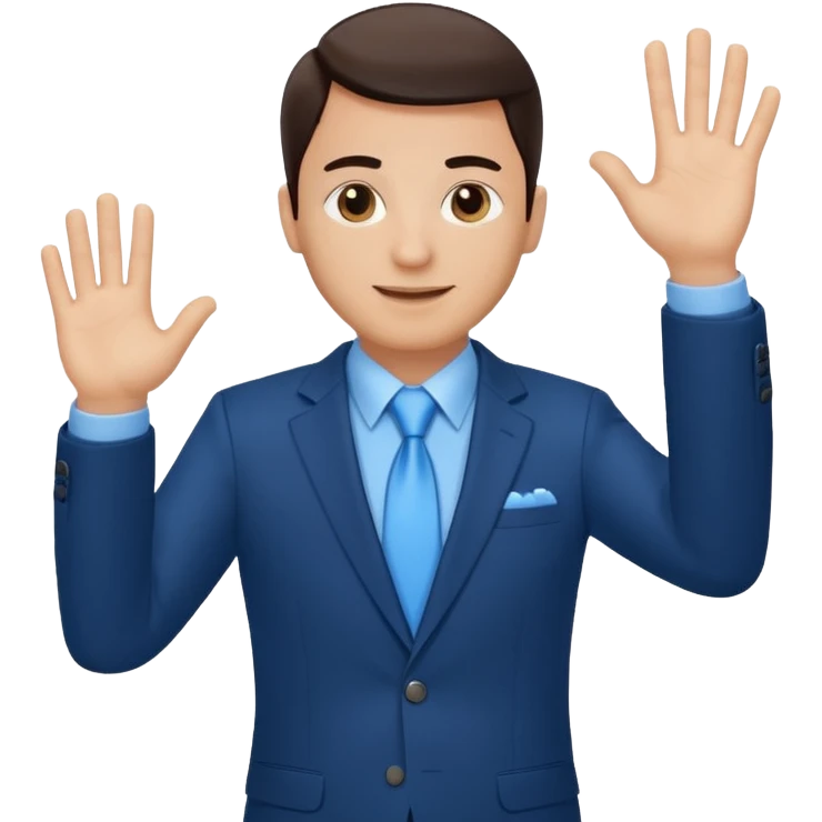 Make emoji of me in a dark blue business suit and light blue shirt waiving to new clients emoji