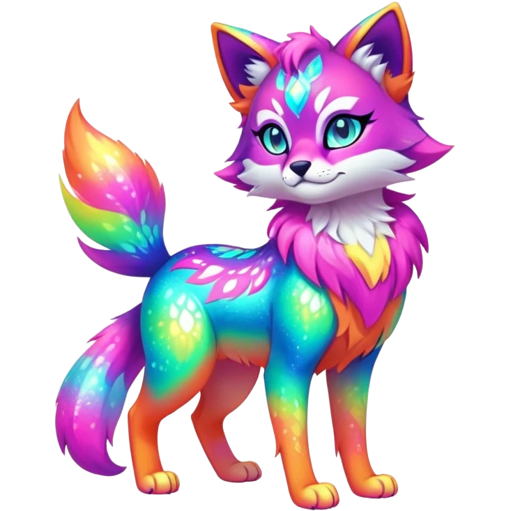Vibrant multicolored neon-colored Falvie-Fionbri-creature-sparkle-feline-canine-hybrid-fursona, full body emoji