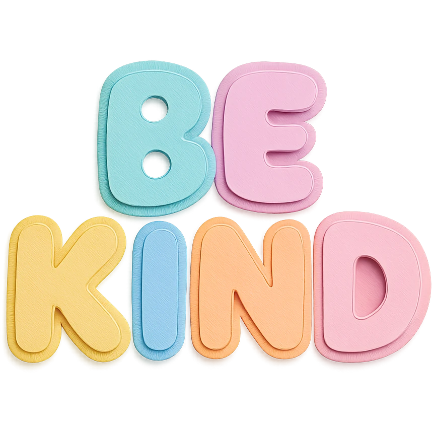 Kawaii cute "Be Kind" in soft pastel rainbow puffy bubble letters, transparent background, no frame emoji