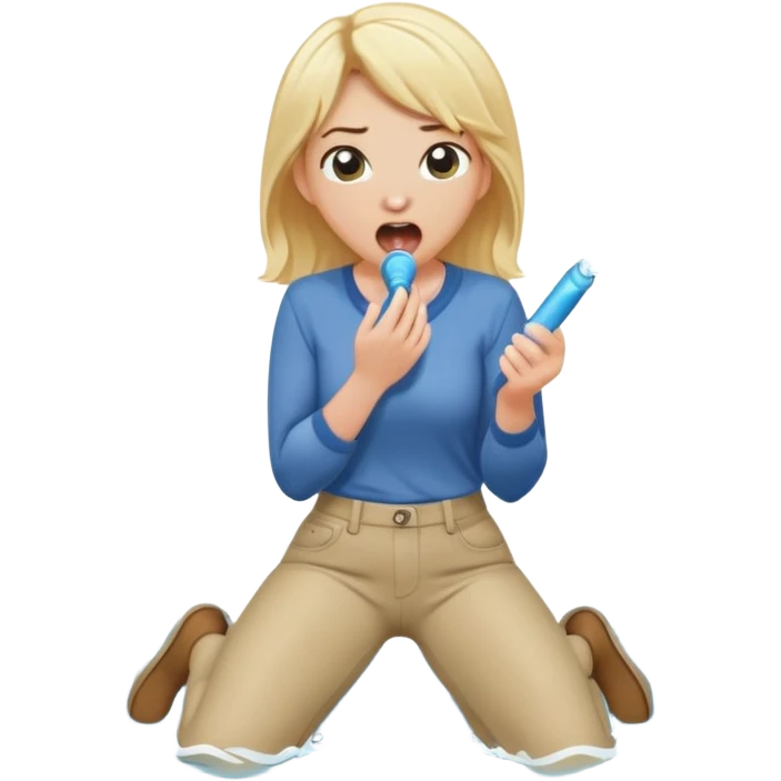 blond woman kneeling, surprised, a wide skin-colored stick with a D-shaped knob with skin texture coming out of a pair of pants hanging in front of her face, water stream squirting from the flat side of the knob into her open mouth emoji